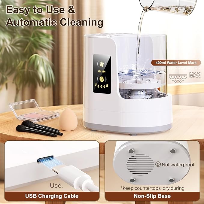 Electric Makeup Brush Cleaner 3-in-1, Automatic Brush Cleaning & Drying Machine with Dual-Direction Cleaning, Adjustable Dryer, Fits All Brush Sizes, for Makeup Brush Set, Blush Brush, Sponges
