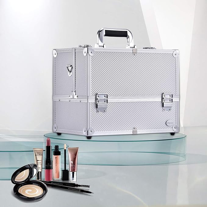 Joligrace Extra Large Makeup Train Case 6 Tray Make Up Artists Organizer Box Lockable Cosmetic Jewelry Toiletries Carrier Crafters Tool Cases with Adjustable Dividers & Shoulder Strap - Silver