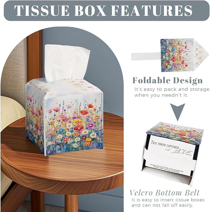 Flower Tissue Box Cover Vibrant Watercolor Bloom Field Dreamy Spring Art Square PU Leather Waterproof Tissue Box Holder for Car Bathroom Bedroom Office Tabletop Decor