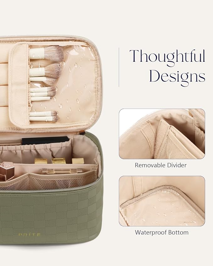 Prite Makeup Bag, Large Capacity Portable Travel Cosmetic Bag, Waterproof Makeup Organizer for Women with Handle and Divider (001 Checkered Green)