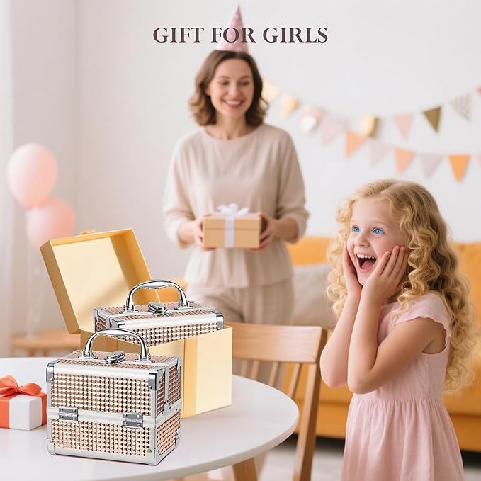 FRENESSA Makeup Case Train Case Portable Makeup Box with Mirror Lock Box Travel Cosmetic Train Cases Hard Makeup Organizer for Nail Craft Storage Vanity for Girl Rose Gold