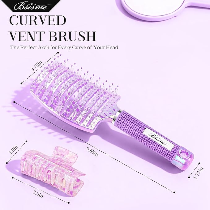 Bsisme Hair Brush with Hair Clips, Professional Curved Vent Hairbrush for Faster Blow Drying, Detangler Brush for Women Girls Wet Dry Curly Thick Fine Hair, Remove Knots & Reduces Breakage
