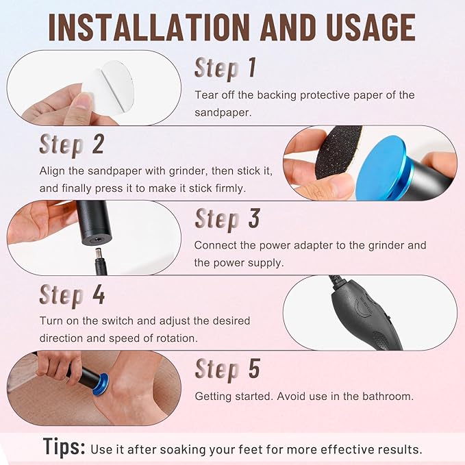 Dermawave Electric Foot File Callus Remover for Feet, Professional Electric Foot Sander Filer Grinder with 60 Sandpaper Discs for Men & Women, Pedicure Tool for Corn Dead Skin Cracked Heel