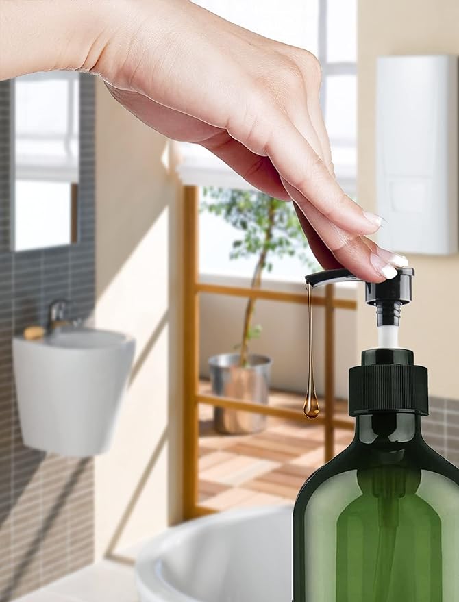 Empty Plastic Bottles with Pump Dispenser and Labels Included, Refillable Travel Containers for Hand sanitizer Shampoo Lotion, etc - No BPA/Parabenf, 500ml/16.9oz (Green, 3 Pack)
