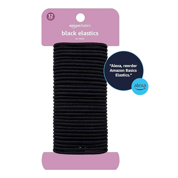Amazon Basics No Damage Elastic Hair Ties, Ponytail Holders for All Hair Types, Snag-Free, Strong Hold, Black 4 MM, 32 Count