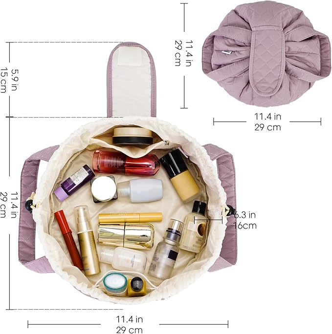 Narwey Barrel Drawstring Makeup Bag Large Cosmetic Bag Make up Bags Women Toiletry Organizer for Travel Toiletries Accessories Essentials (Quilted Dusty Rose) (Patent)