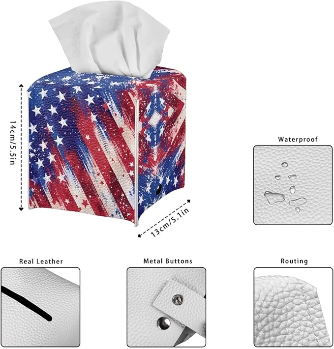 American Flag Tissue Box Cover, PU Leather Square Tissue Holder with Secure Metal Button, Waterproof and Stylish Napkin Dispenser for Home, Office, Car, and Bathroom Decor