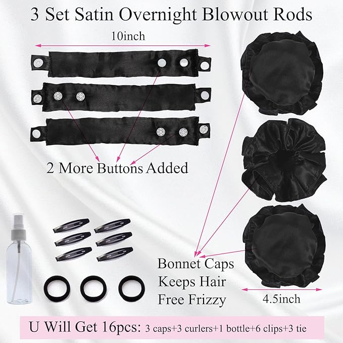 3 Sets Satin Heatless Curlers to Sleep in Overnight Curls Blowout Rods Hair Curling Set Soft Bun Bons Heatless Curls with Bonnet Cap Silk Roller No Heat Headband Wrapper Black
