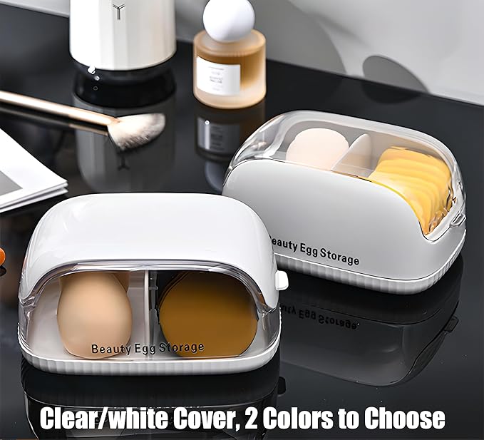 Beauty Blender Holder, Makeup Sponge Holder with Lid, Beauty Blender Organizer, Makeup Sponge Case for Countertop (White Lid)