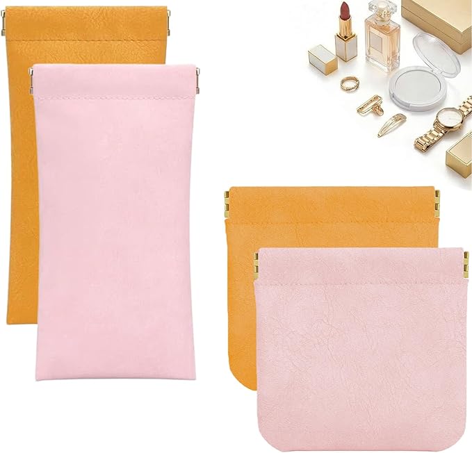 4Pcs Small Makeup Bag for Purse, Mini Leather Pocket Cosmetic Bag for Women, Small Lipstick Purse Pouches for Purse, Small Coin Purse Organizer Pouches, Portable No Zipper Makeup Pouch (Orange, Pink)