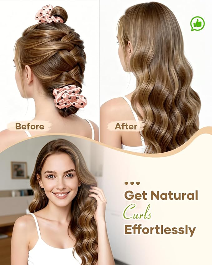 BONNET QUEEN Satin Heatless Hair Curler, Overnight Curls for Long Hair, ultra soft Heatless Curling Rod & 2 Scrunchies,Damage-Free Styling, Soft Hair Curlers for Overnight Use(Pink)
