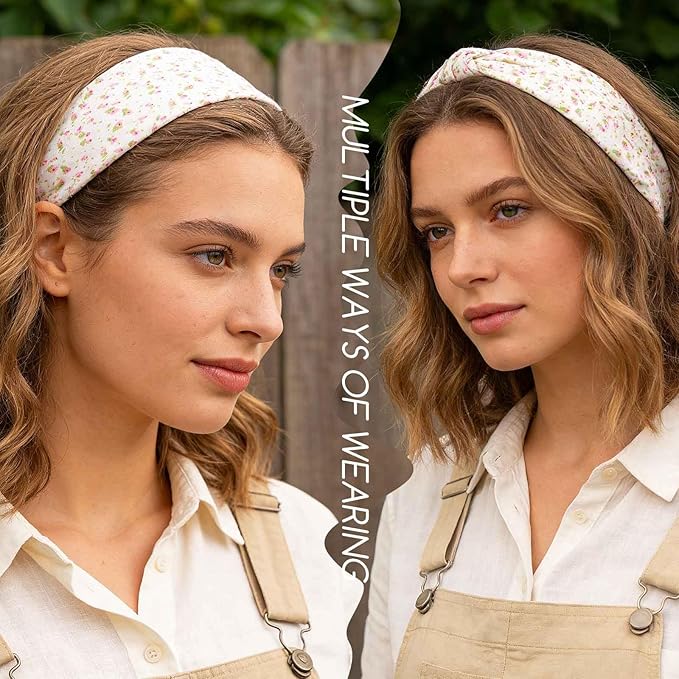 Olbye Wide Boho Headbands Floral Stretch Head Wraps Turban Knotted Yoga Hairbands Workout Hair Accessories for Women 4Pcs (Casual, 9.4 * 5.9'')