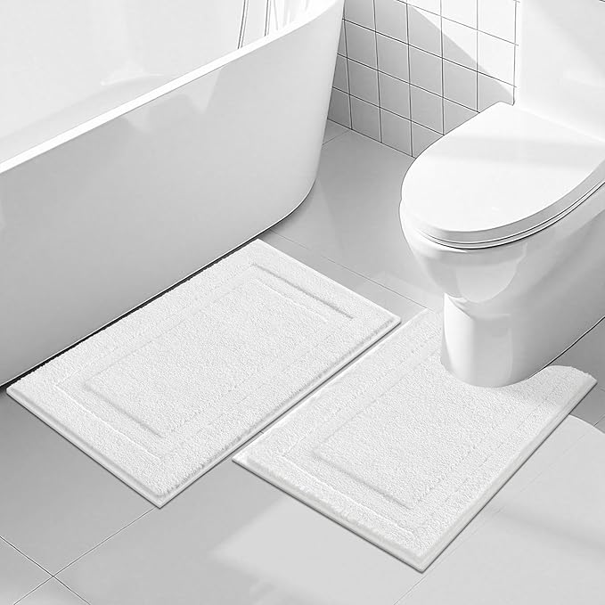 SHACOS White Bathroom Rugs Sets 2 Piece, 20"x32" Non Slip Bath Mat and 20"x24" Toilet Rugs U Shaped Washable, Soft Fluffy Water Absorbent Bath Mat Set of 2