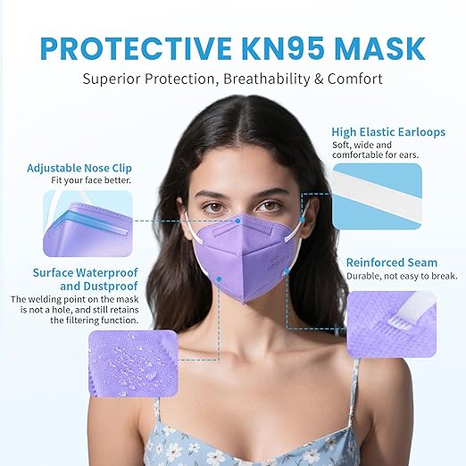 akgk KN95 Face Mask 50 PCS, Breathable Protection Masks, 5-Ply KN95 Purple Masks, Cup Dust Safety Masks