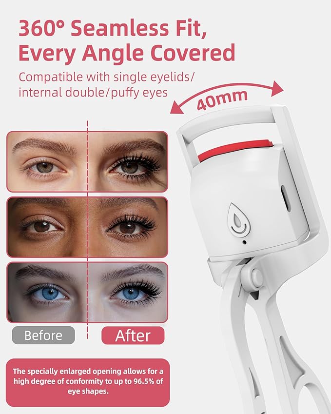Heated Eyelash Curler, 5s Fast Heating Electric Eyelash Curler, Safe Anti-Burn Eyelash Curlers with Silicone Pad, Type-C Quick Charge, Intelligent Temp Control, 24H Long-Lasting Curls (White)