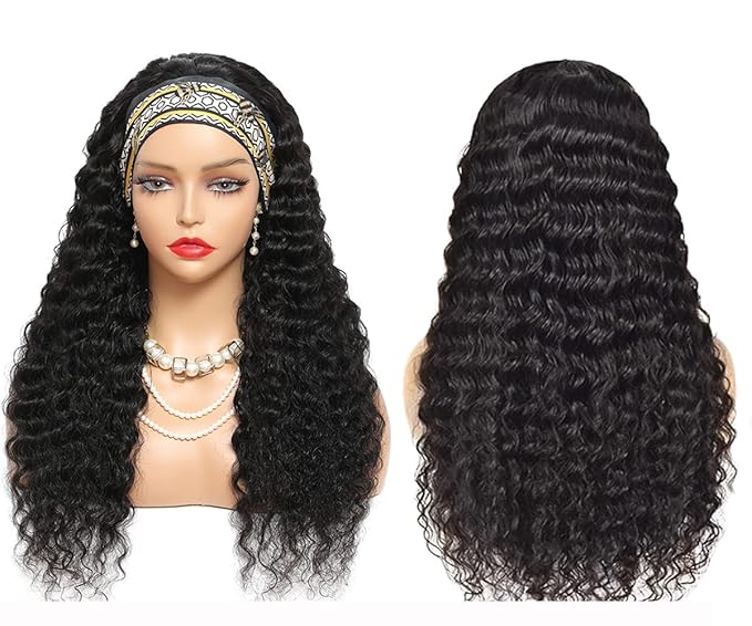 Aiterina Human Hair Wig - Deep Wave, 16 Inch, Headband, Curly, Machine Made, Non Lace Front for Women - Natural Color