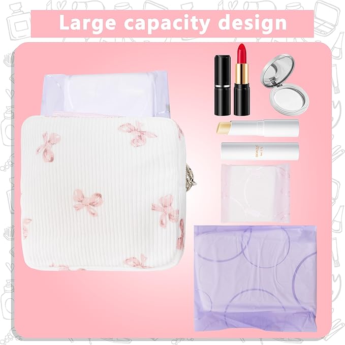 Period Bag for Girls, Corduroy Sanitary Napkin Storage Bag, Period Pouch & Tampon Holder, Feminine Care Organizer（Pink Bow）
