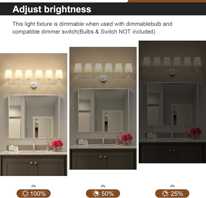 Bathroom Vanity Light, Brushed Nickel Bathroom Light Fixtures, 6-Light Lighting Fixtures Over Mirror, Modern Wall Sconce with Flared White Fabric Shade, E26 Socket(ETL Listed)