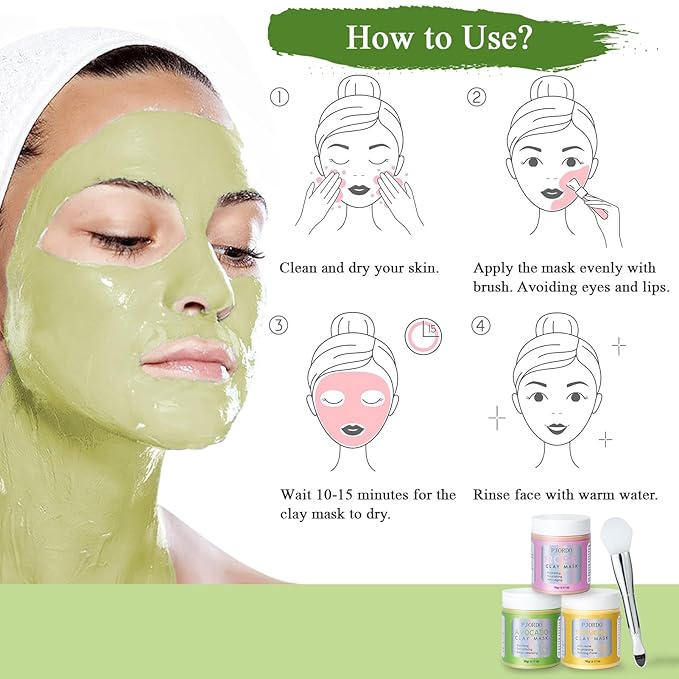 3Pack Clay Mask, Turmeric Vitamin C, Avocado, Rose clay mask for face, Face Mask Skin Care for Deep Cleaning Reduce Blackheads Dark Spots, Spa Gifts for Women, 3.17 Oz Each