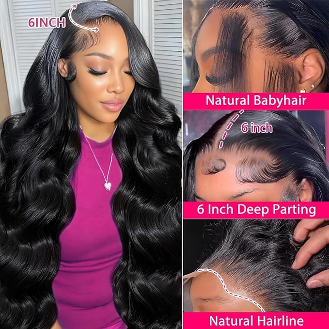 Sunelk 13x6 Lace Front Wigs Human Hair 200 Density Body Wave Lace Front Wigs Human Hair Pre Plucked Glueless Wig 13x6 HD Lace Frontal Wigs Human hair for Women Natural Black Color 32 Inch