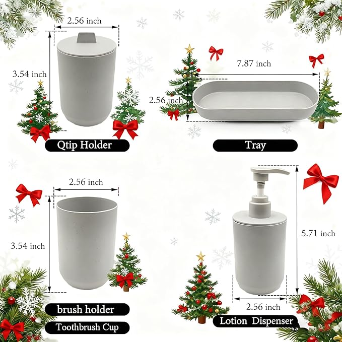 LGURT-4-piece Bathroom Accessories Set, with Toothbrush Holder, Lotion soap Dispenser, Qtip Holder Dispenser and Vanity Tray, Sleek Counter Storage for Bathroom Vanity (Gray)