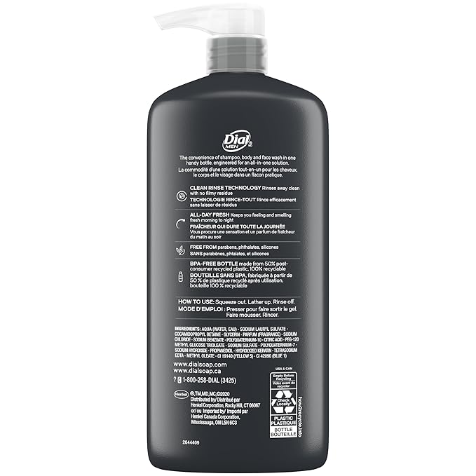 Dial Men 3in1 Body, Hair and Face Wash, Recharge, 69 fl oz (3-23 fl oz Bottles)