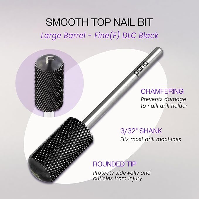 PANA 3/32" Large Smooth Round Top Safety Carbide Nail Drill Bit for Gel Polish & Acrylic Removal Nail Salon Manicure Pedicure Electric File Tools (Large Barrel - DLC Black, Fine)