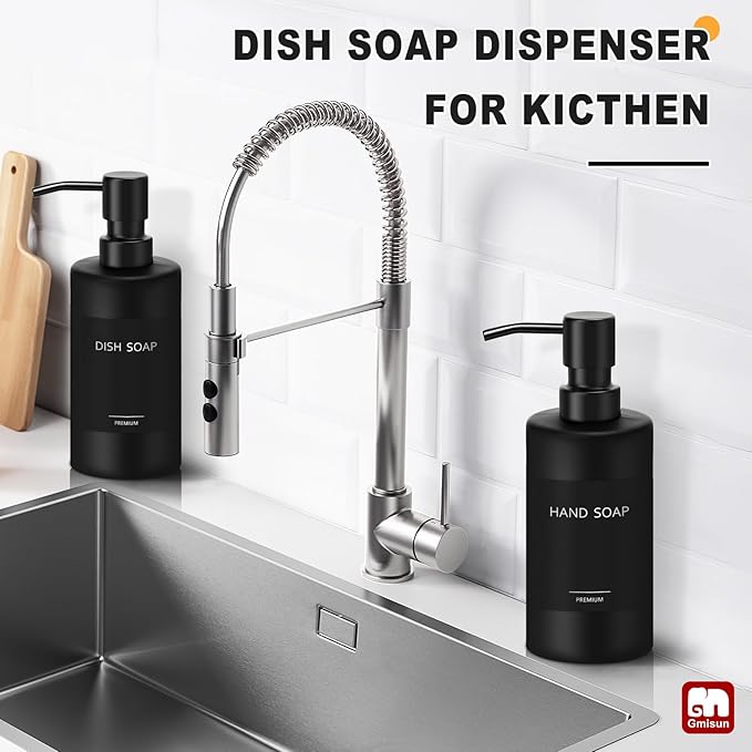 GMISUN Black Soap Dispenser, Hand Soap Dispenser Bathroom, Hand and Dish Dispenser Set for Kitchen, 12 fl oz/350ml Glass Liquid Soap and Lotion Dispensers with Stainless Steel Pump, 2 Pack Refillable