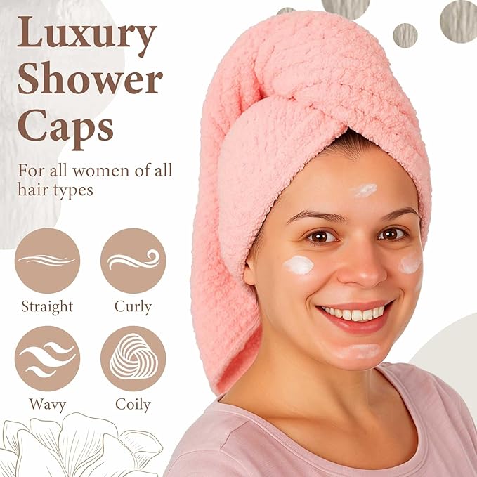4 Pcs Microfiber Drying Hair Wrap Towels Reusable Waterproof Shower Cap with Elastic Band Adjustable Silk Hair Bonnet for Sleeping with Scrunchie for Women Christmas Favor Gifts(Pink)