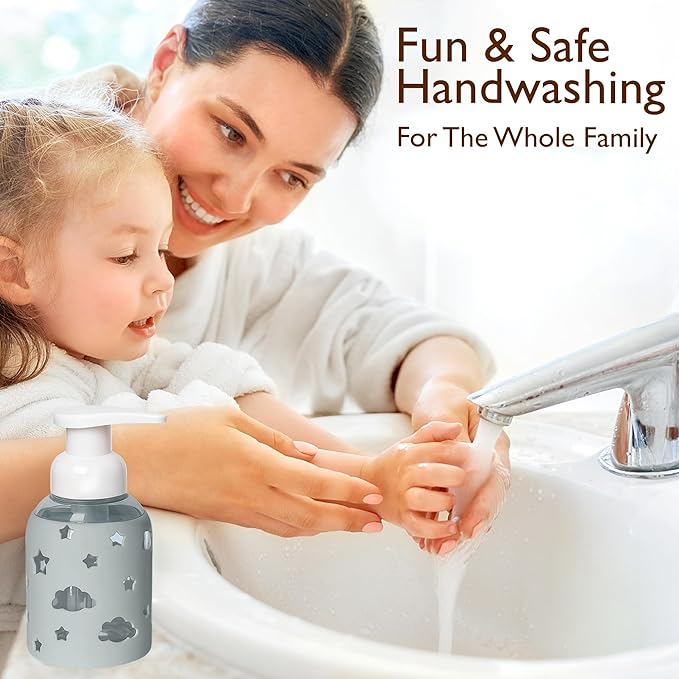 SoCal Suds & Company Foaming Hand Soap Dispenser Glass, Liquid Soap Pump with Cloud & Star Sleeve, Refillable Bottle for Kids, Baby Wash & Shampoo, Ideal for Bathroom & Kitchen Use, Light Grey, 8oz