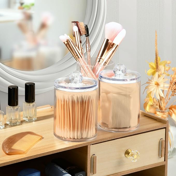 Peach Puff Qtip Holder Organizer Dispenser Cotton Swabs Cans Plastic Jars with Lid Set 2 Pack Bathroom Storage Canister for Cotton Ball Floss Cotton Pads
