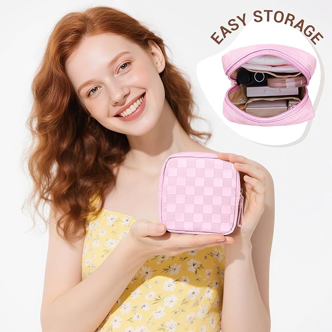 MAGEFY Small Makeup Bag for Purse, Checkered Makeup Bag Small Pouches for purse Leather Mini Make Up Bag Cute Cosmetic Bag for Women with Slip-in Pockets,Pink
