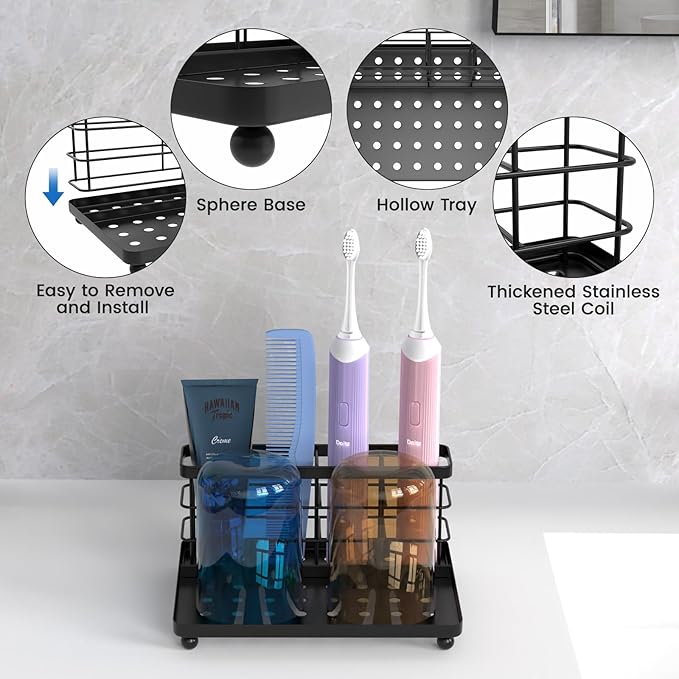 Luxspire Toothbrush Holders for Bathroom, Toothbrush Holder with Tray, Stainless Steel Holder for Toothbrush Toothpaste, Tooth Brushing Holder for Bathroom Countertop, 3-Slot, Black
