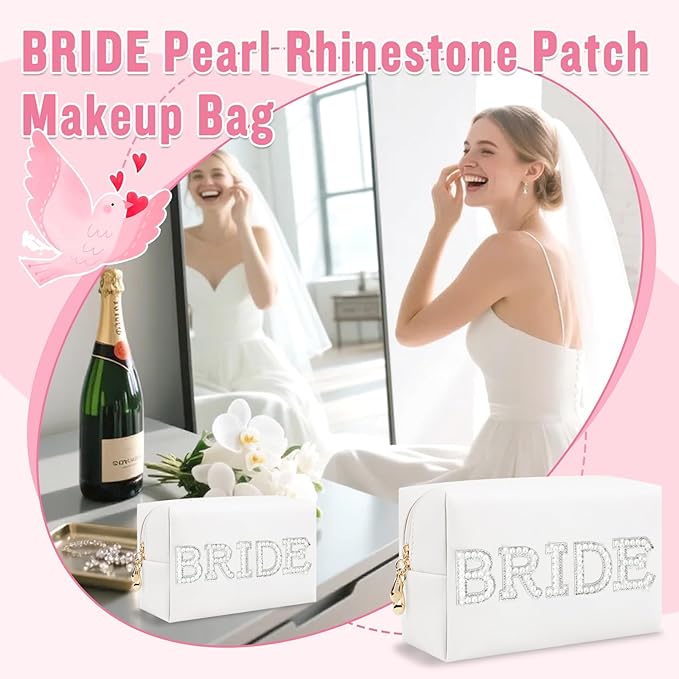 ChaoGreat Bride Gifts – Personalized Makeup Bag with Pearl Rhinestone Patch, Preppy White Monogram Cosmetic/Toiletry Pouch, bridesmaid Gifts, Bridal Shower Gifts, Wedding Gifts, Bridal Gifts,Bride