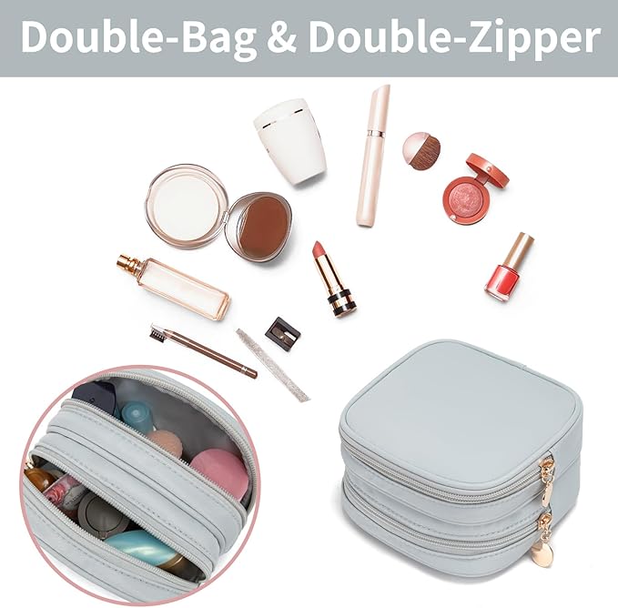 Small Makeup Pouch, Double Zipper Cosmetic Bag, Travel Makeup Bag, Cute Makeup Bag for Purse, Mini Toiletry Bag (Silver)