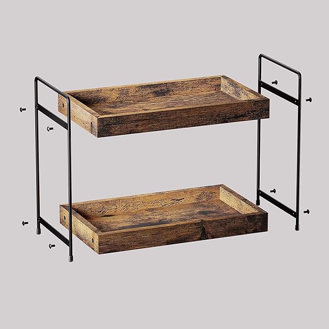 2 Tier Bathroom Counter Organizer Wood Bathroom Storage Shelf Spice Rack for Kitchen Countertop Vanity Tray Makeup Storage Coffee Station Organizer-Rustic Brown