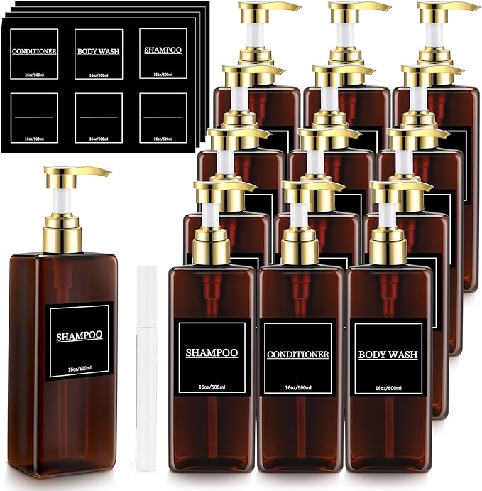 Gejoy 12 Pack Amber Shampoo and Conditioner Dispenser Bottles, 17 Oz/ 500ml Refillable Empty Pump Bottles with Labels and Marker Pen, Plastic Square Pump Dispenser Bottle for Bathroom Body Wash Shower
