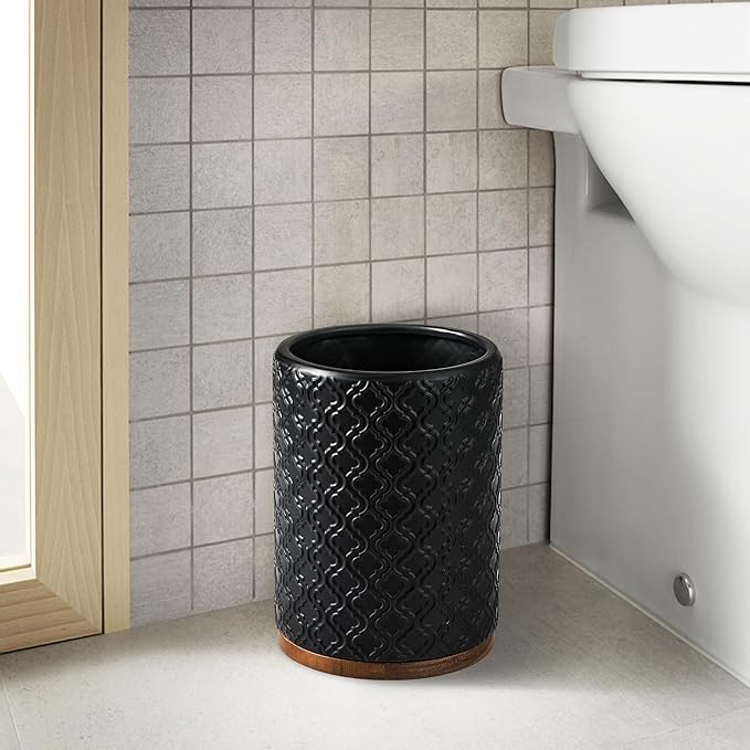 Elegant Bathroom Accessories Set 6 PCS Ceramic and Wood Bathroom Accessory Set Soap Dispenser Toothbrush Holder Tumbler Soap Dish Tray Trash Can Easy to Clean Quatrefoil Pattern Black