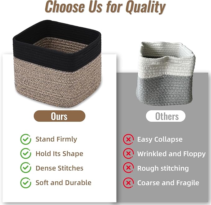 3 Pack Cube Storage Bin, 9”x9”x7” Cotton Rope Woven Baskets for Organizing Toys Clothes Towels, Square Gift Storage Baskets for Shelf, Nursery, Closet, Bathroom, Pantry (Black & Brown)