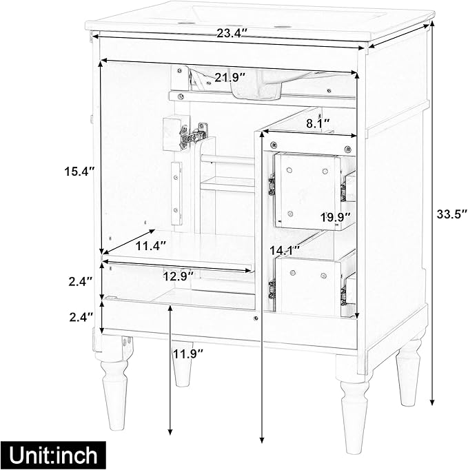 Harper & Bright Designs 24" Bathroom Vanity with Sink, Free Standing Bathroom Vanity Set with Flip Drawer, 2 Drawers, and Adjustable Shelf, Wood Storage Cabinet with Ceramic Basin for Bathroom, White