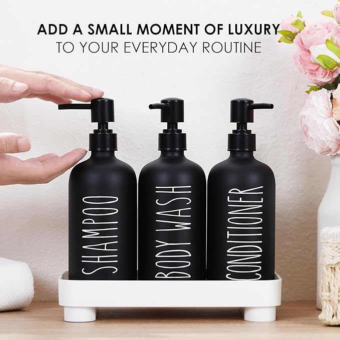 HOMCDALY Shampoo and Conditioner Dispenser Set of 3, 21oz Shower Soap Bottles with Pump, Refillable Shampoo Conditioner Body Wash Dispenser, Bathroom Shower Shampoo Bottles, shampoo container(P-Black)