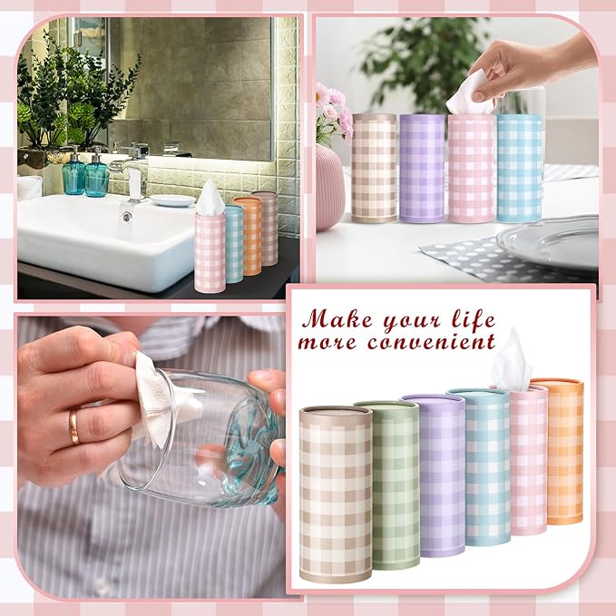 12 Pack Spring Tissue Boxes for Car Cylinder Bulk Colorful Plaid Round Cylinder Holder with 3 Ply Facial Tissues for Spring Easter Travel Bathroom Office Decoration Supplies