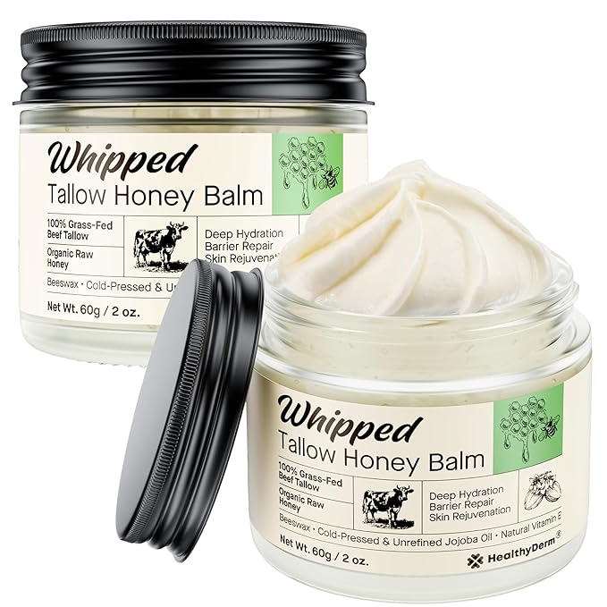 Beef Tallow Honey Balm for Skin: 100% Grass Fed Organic Moisturizer with Organic Raw Honey, Jojoba Oil, Vitamin E – Natural Face and Body Care for Mature, Dry or Sensitive Skin, 2oz, Pack of 2