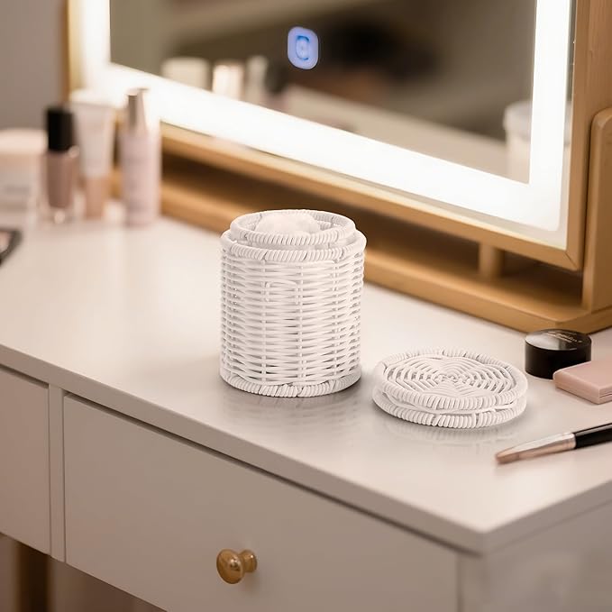 Rattan Jars,Decorative Storage Boxes with Lids, Bathroom Accessories,Rattan Desk Organizer,for Office,Dressing Table,Dental floss picks, cotton swab holders Home Decoration,White（DP056）