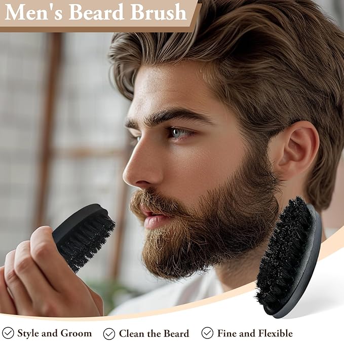 Men's Solid Wood Beard Brush, Boar Bristle Mustache Brush for Men, Military Style