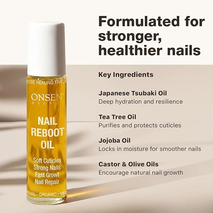 Onsen Secret Nail & Cuticle Repair Oil (10ml) - Dry Oil Formula - Japanese Tsubaki, Tea Tree & Jojoba - Strengthens Nails, Repairs Cuticles, Hydrates Skin & Hair - Natural & Vegan