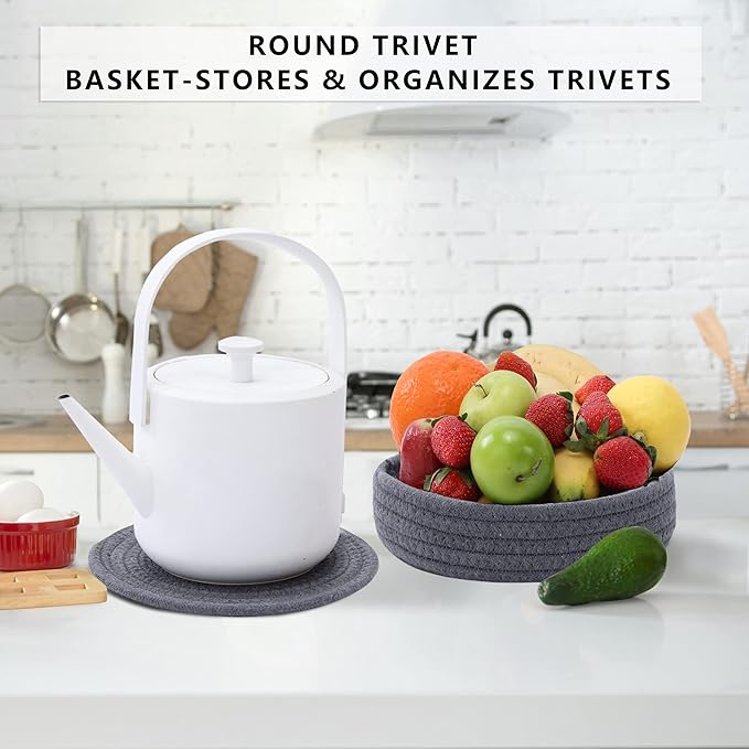 Coga Trivets for Dishes, Pots and Pans, 7 Inch Hot Pads (4 Pcs) with Storage Basket for Countertops, Cotton Table Protector Hot Mats Heat Resistant (Grey)