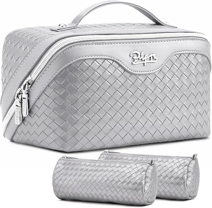 BOYATU Travel Makeup Bag Cosmetic Bags for Women: Large Capacity 3 Pcs Set Make up Bag with Compartments - Waterproof Vegan Leather Toiletry Organizer Bags with Handle (L11 Silver)