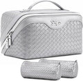 BOYATU Travel Makeup Bag Cosmetic Bags for Women: Large Capacity 3 Pcs Set Make up Bag with Compartments - Waterproof Vegan Leather Toiletry Organizer Bags with Handle (L11 Silver)