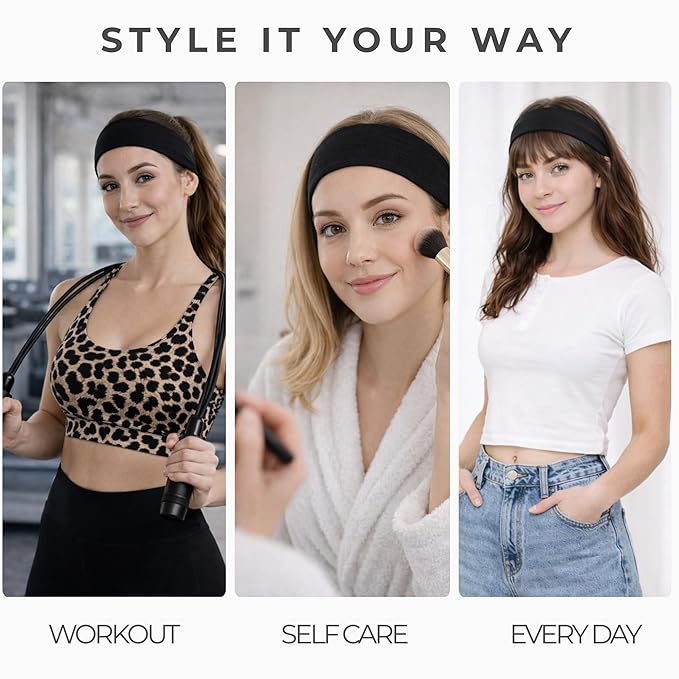 Styla Hair Headbands for Women Stretch Fashion Head Bands 10 Pack Non-Slip Head Wraps Great for Spa, Sports, Yoga, Pilates, Running, Gym Headband, Workouts (Black)